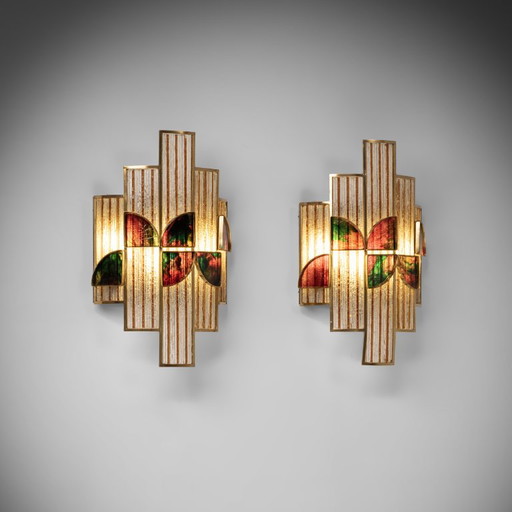 Applique murale en verre coloré et laiton, signée Albano Poli (attribué à), Italie, années 1960, lot de 2 – wandlampen, Glass