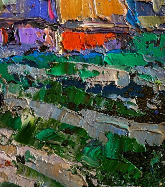 Image 1 of Original Oil Painting Sunset Village Landscape Cool wind in the evening