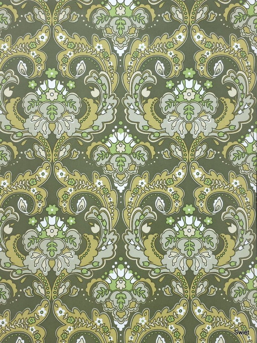 14297 Papel Pintado Vintage Barroco New Old Stock Verde Oliva Amarillo Blanco