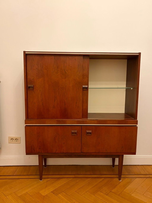 Vintage Mid-Century Highboard Dressoir Servieskast Buffetkast| Teakfineer & Glas | Jaren '60 | Scandinavische stijl