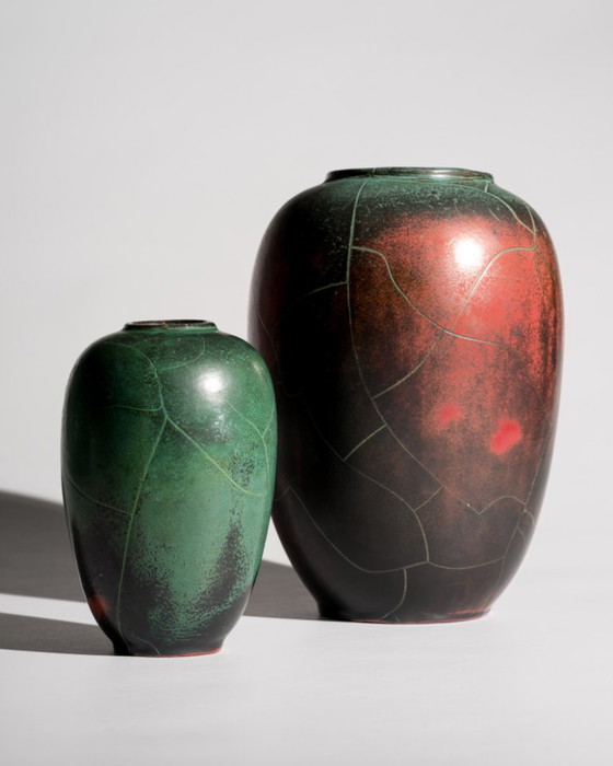 Image 1 of Pair of Paul Dresler Grootenburg Copper Reduction Glaze Studio Ceramic Vases – Germany, ca. 1940s-1950s Art Deco Bauhaus