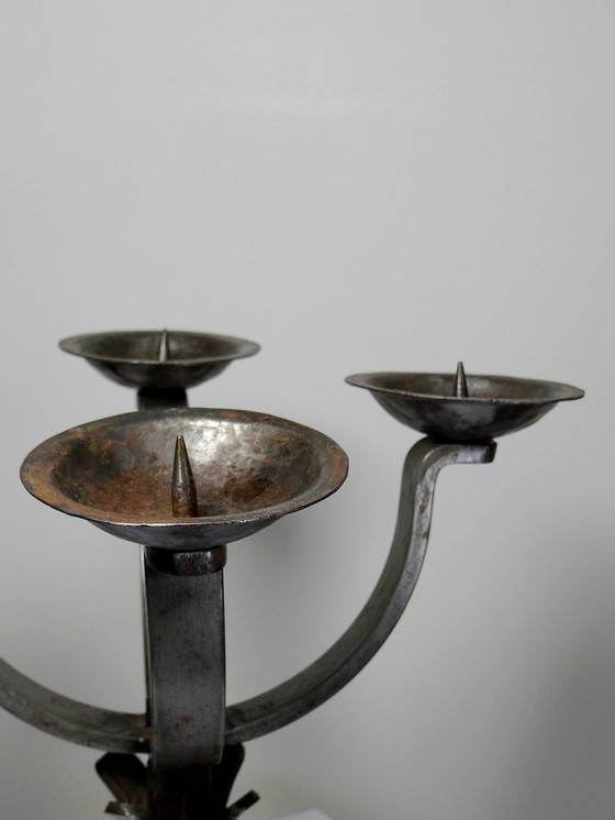 Image 1 of Pair of Massive Brutalist Wrought Iron 4-Light Vintage Candlesticks