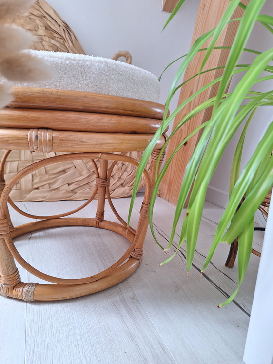 Image 1 of Rattan And Bouclette Fabric Pouf