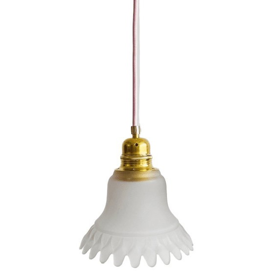 Image 1 of Lampada a sospensione vintage in vetro satinato a forma di fiore bianco trasparente, anni '60