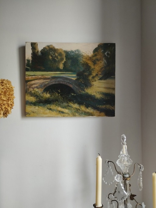 Vecchio ponte in mattoni in Normandia - Dipinto ad olio firmato