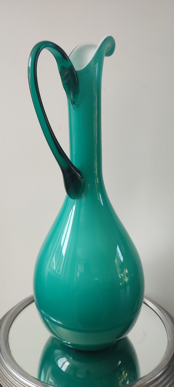 Large Vintage Empoli Double-Sided Glass Vase-Ewer (38 cm) (photo 3 of 15)