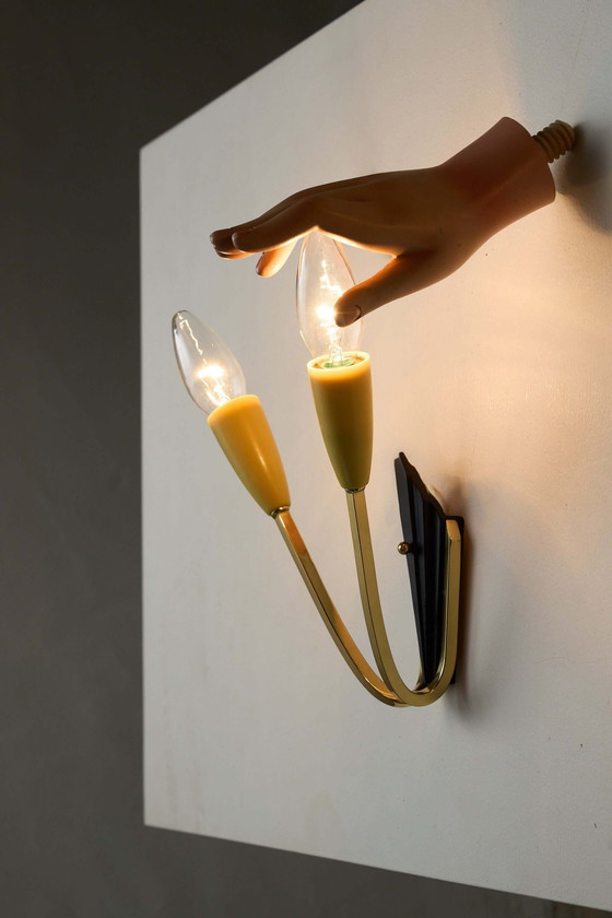 Geometric Brass and Black Wall Lamp, 1950s, Wall lights, Plastic, Mid Century Modern (photo 8 of 13)