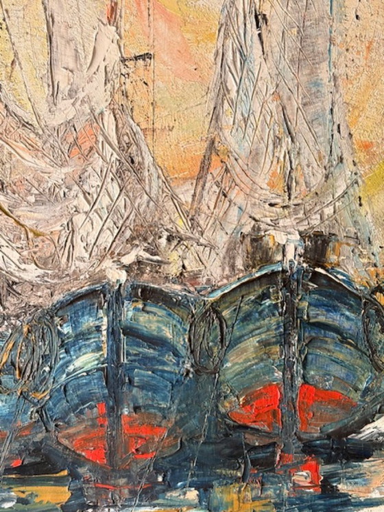 Characteristic Mid-Century modern harbor view. Oil on canvas (impasto) – Paintings & Drawings, Wood (photo 3 of 11)