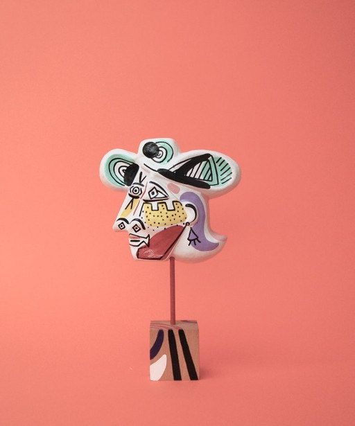 Vintage Picasso style paper mache mask with matching stand