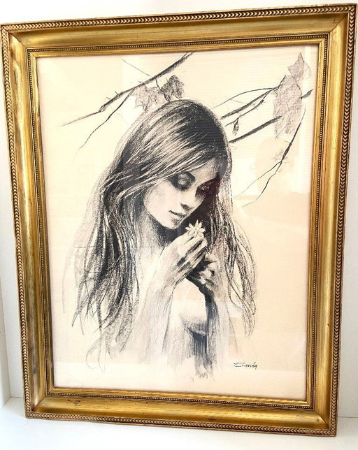 Monochrome Lithograph Drawing Nude Woman with Flower by Sandu Liberman 1971 Art