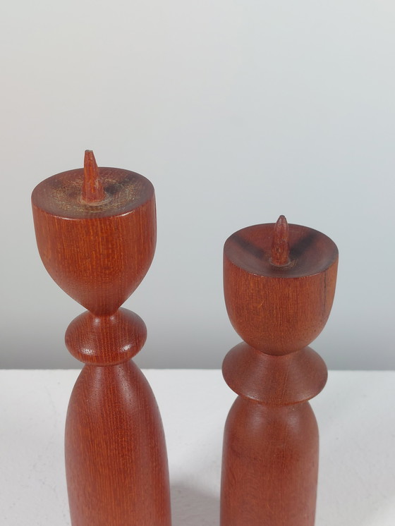 Image 1 of Pair of sculptural wooden teak candlesticks, Scandi style