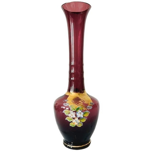 Vaso vintage in vetro dorato dipinto a mano in stile boemo ceco, color ametista viola, anni '50