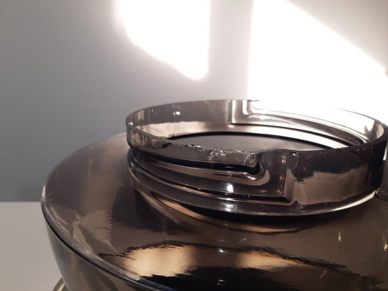 Image 1 of Stijlvolle space age plafonnière met rookglazen kap, vintage glazen plafondlamp met chroom