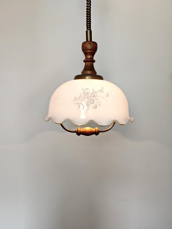 Image 1 of Vintage 1970s Opaline Glass Pendant Light / Mid Century Modern Ceiling Lamp / Scalloped Floral Shade with Wood Brass / Retro Hom