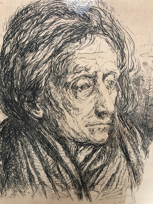 Original Expressionist Etching, 1914 – Contemplative Portrait of an Elderly Man