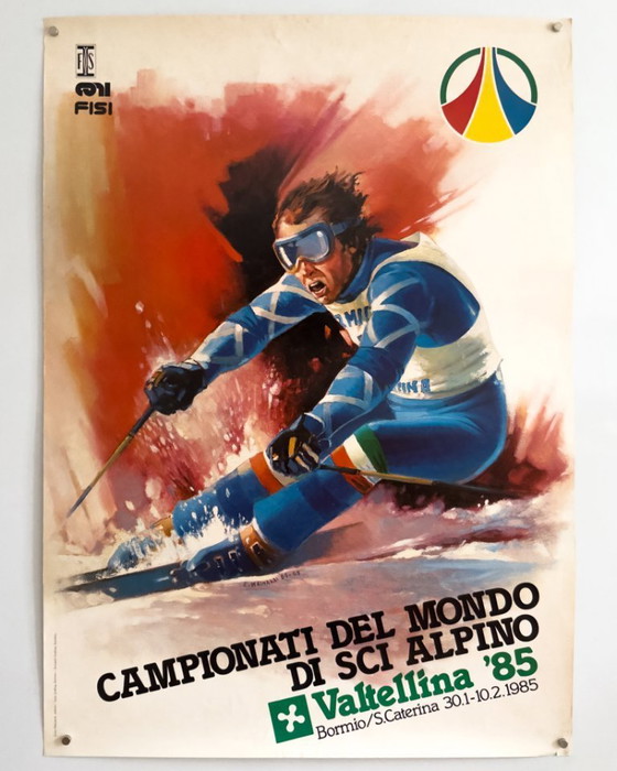 Image 1 of Campionati del Mondo di Sci Alpino Valtellina '85 – 1984 – Cartel original de Elvio Mainardi – 87 × 63 cm