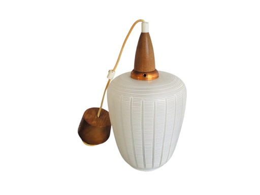 Vintage retro hanglamp van glas en teak hout jaren 60 design