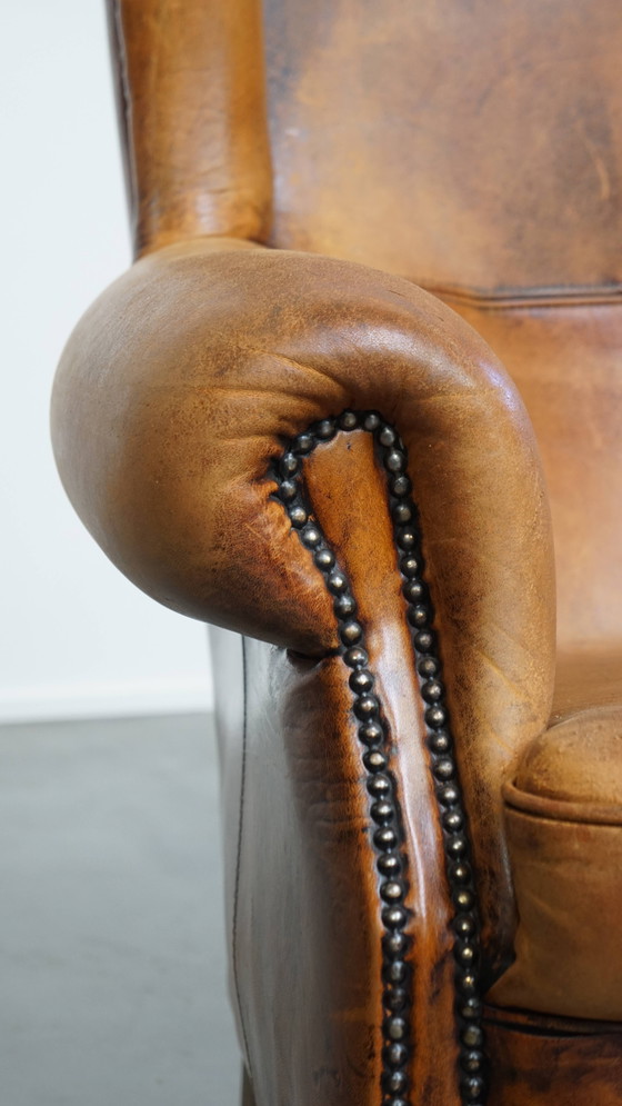 Image 1 of Vintage Oorfauteuil Gemaakt Van Schapenleer
