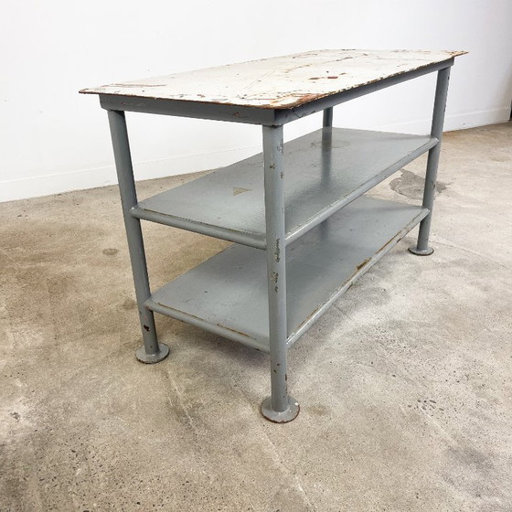 Industrial metal shelving unit, gray and white, Plant table, Grey, Vintage (photo 4 of 9)