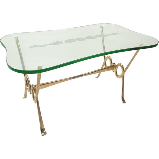 Tavolino da caffè vintage con base in vetro acidato e ottone, Italia 1960