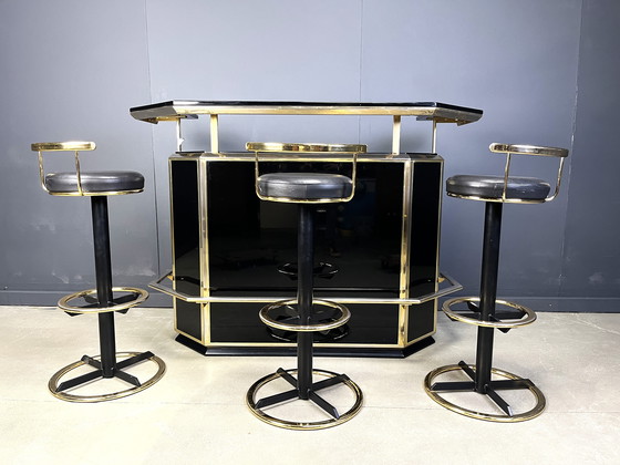 Image 1 of Hollywood Regency Bar with Three Stools, 1970s