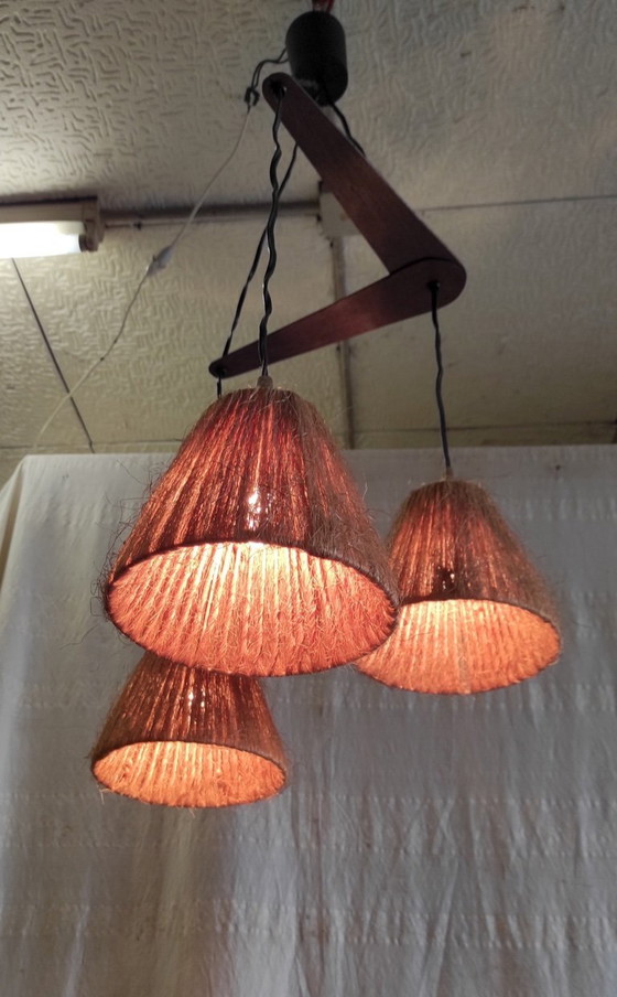 Image 1 of Hanglamp met drie lichtpunten in Scandinavische stijl, gemaakt van teak en sisal - jaren 60/70