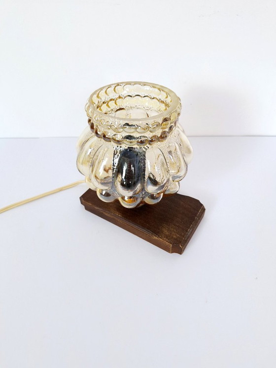 Image 1 of Mid Century Amber Glass Table Lamp / Retro Wood Brass Nightstand Light / 1970s Bubble Glass Desk Fixture / Vintage Small Lantern