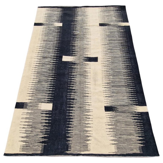 Handgeweven wollen kilimtapijt | Modern zwart-wit ikatdesign | Hedendaags platgeweven (246 x 173 cm) (photo 5 of 14)