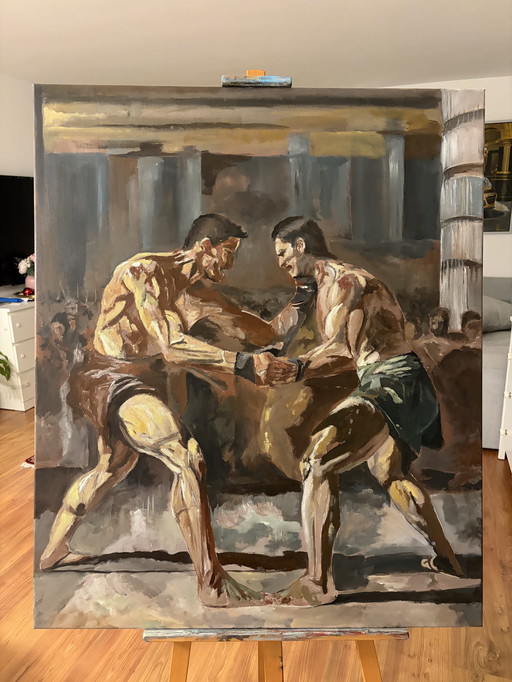 Dos luchadores, acrílico sobre lienzo