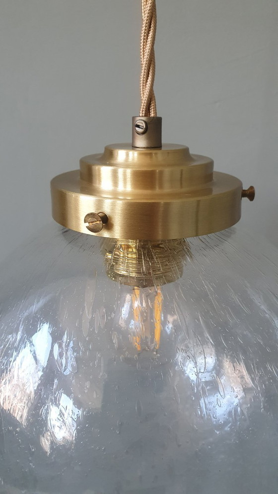 Image 1 of Vintage plafond hanglamp van getextureerd / bubbelglas - Mid Century