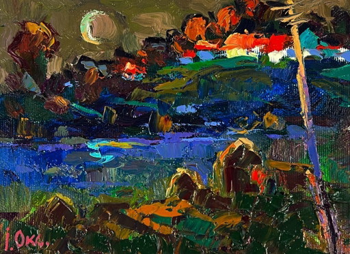 Origineel olieverfschilderij: Landelijk landschap, rivier, avondvorst in het veld.