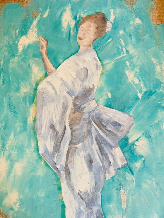 Image 1 of Signed oil painting on canvas, female portrait "Geisha Blues"