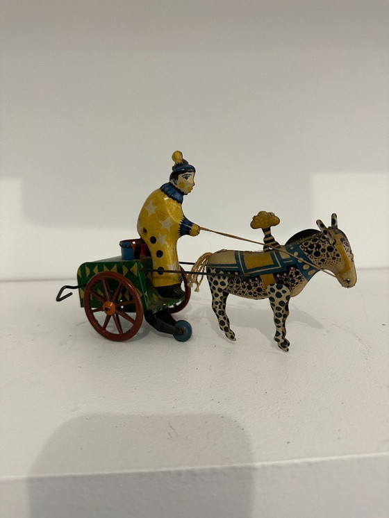 Image 1 of vintage 1950's tin windup donkey clown carriage Toy