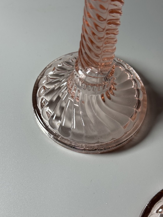 Image 1 of Pair of Art Deco Pink Glass Candlesticks — Pavillons, Belgium, 1920–30s