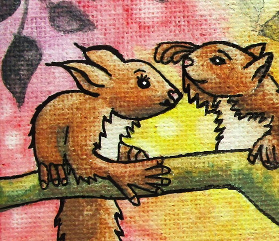 Image 1 of Unique Painting of two cute squirrels on a branch (Hand-painted)