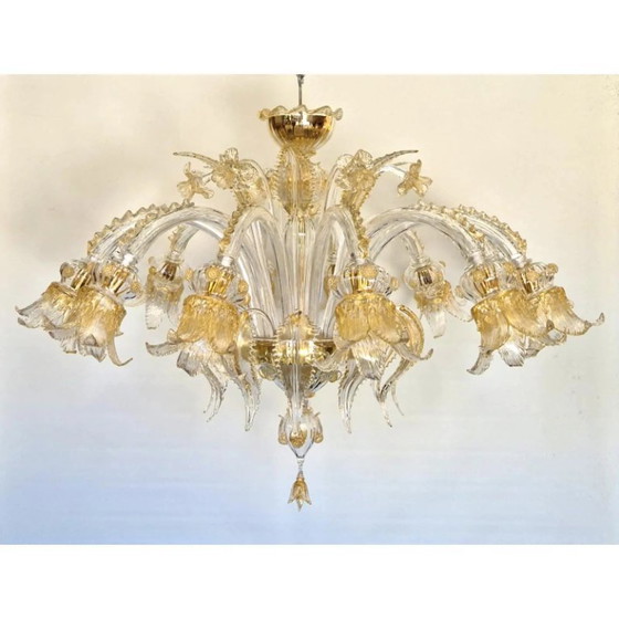 Image 1 of Opulent Gold and Clear Murano Glass Chandelier with Flowers and Leaves