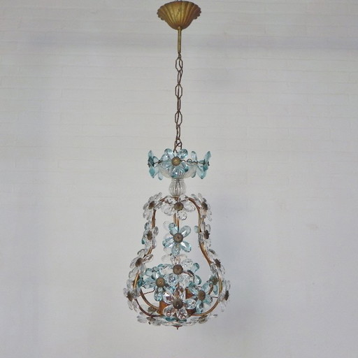 Hanglamp versierd met 42 bloemen in blauw en helder kristal, Maison Bagues stijl, jaren 30