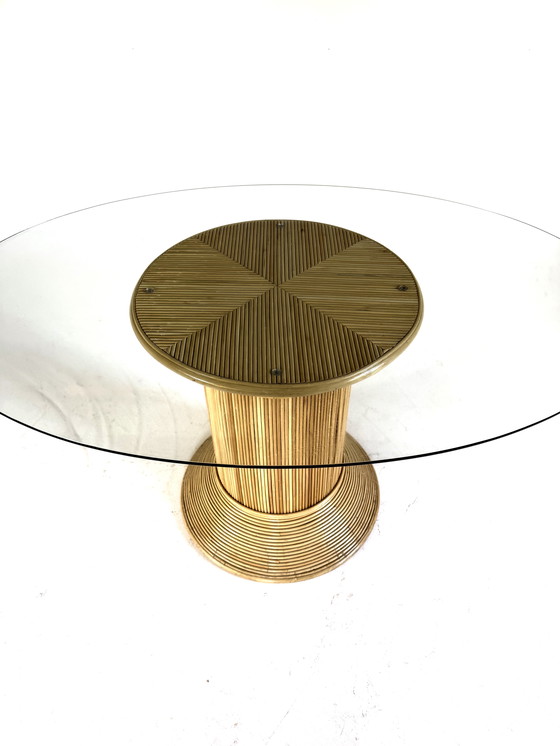 Image 1 of Table de salle à manger vintage en rotin et verre, années 80