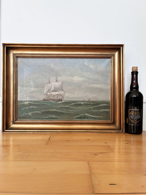 Image 1 of Peinture à l'huile originale vintage représentant une marine, signée, paysage côtier
