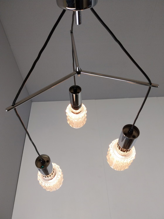 Image 1 of Vintage Hanglamp met 3 Lichtpunten (Chroom + Glas), Jaren 70