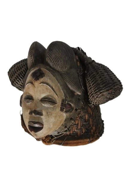 Antike Punu-Maske mit gewebter Kappe – Gabun – Bildhauerei, Wood (photo 6 of 11)