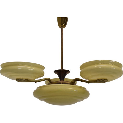 Vintage Art deco kroonluchter van glas en messing, Tsjecho-Slowakije 1930