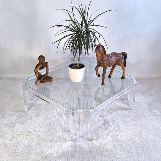 Belle grande table basse carrée ATHÉNA en altuglas & verre signée David Lange