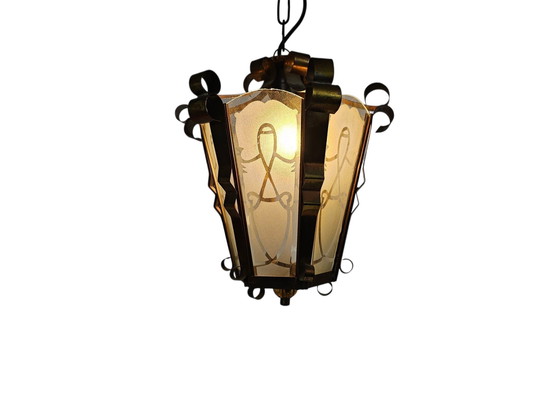 Image 1 of Art Déco - Lampada a sospensione a lanterna - ottone - vetro satinato