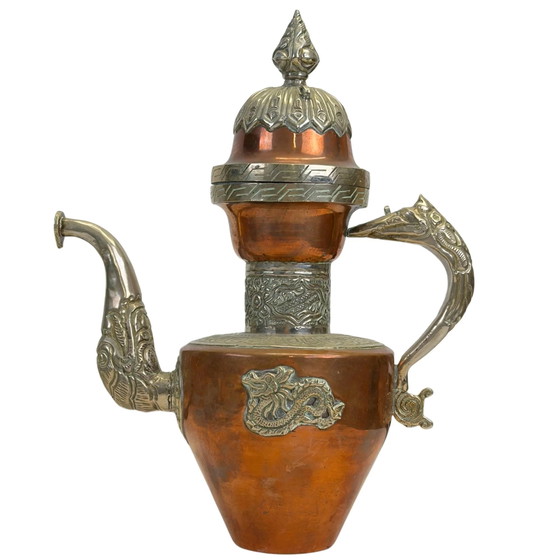Vintage Himalaya Tibetaanse Koperen Drakenkannen – Paktong Reliëfdecoratie (28.5 cm) – Servies, Brass (photo 5 of 9)