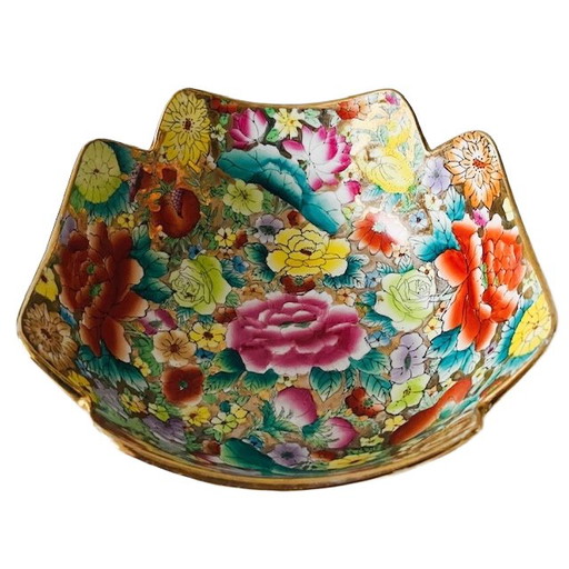 Vintage Chinese colorful hand-painted bowl gold flowers 1960's