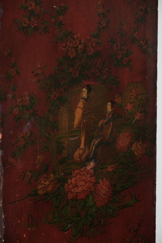 Image 1 of Prachtige antieke Engelse rode lederen met de hand beschilderde Chinoiserie roomdevider/ kamerscherm met florale motieven