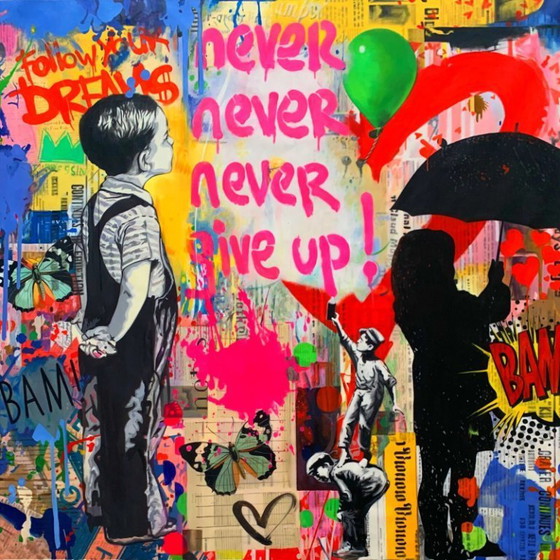 Image 1 of Motivo "Never Give Up" di Banksy – Opera esclusiva per la mostra su vetro acrilico | 90 × 90 cm