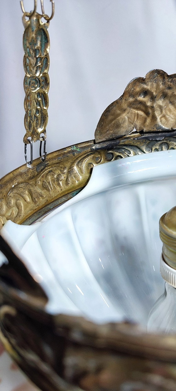 Image 1 of Art Nouveau plafondlamp van messing en glas. Spanje, jaren 1930.