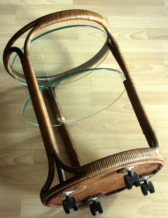 Carrello bar rotondo in bambù/rattan/legno - 3 ripiani – Oggetti decorativi, Glass, Bamboo, Vintage (photo 10 of 11)